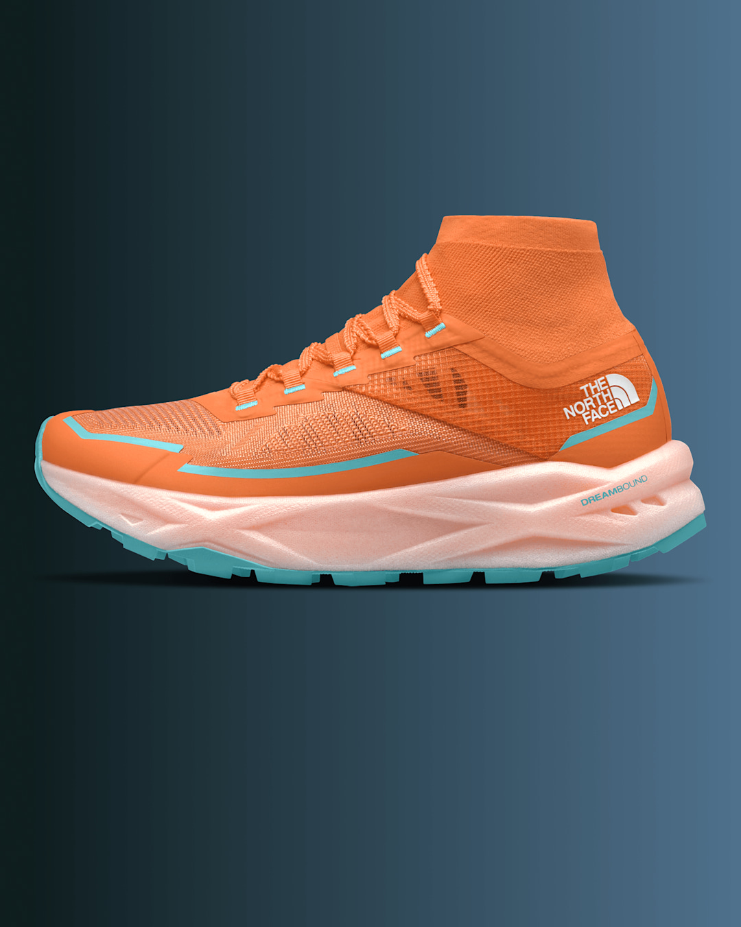 Side view of an orange women’s Offtrail Ultra shoe on a blue gradient background.