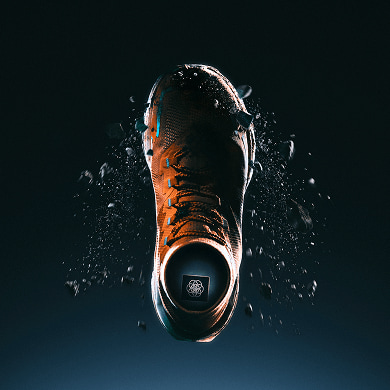 Overhead view of Offtrail Ultra shoe, suspended in mid-air. 