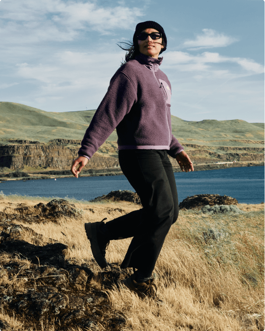 A woman wearing Yumiori fleece