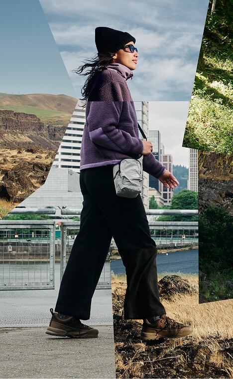 Une femme marchant dans un chandail molletonné Yumiori devant divers paysages extérieurs.