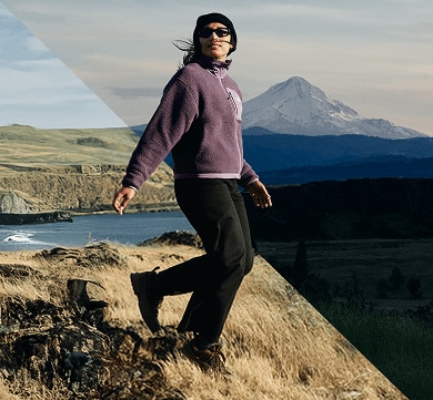 A woman walking wearing a purple Yumiori fleece