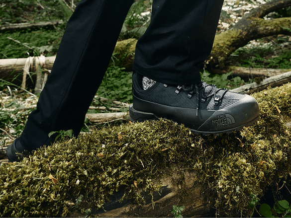 Close up of a brown shoe in the woods