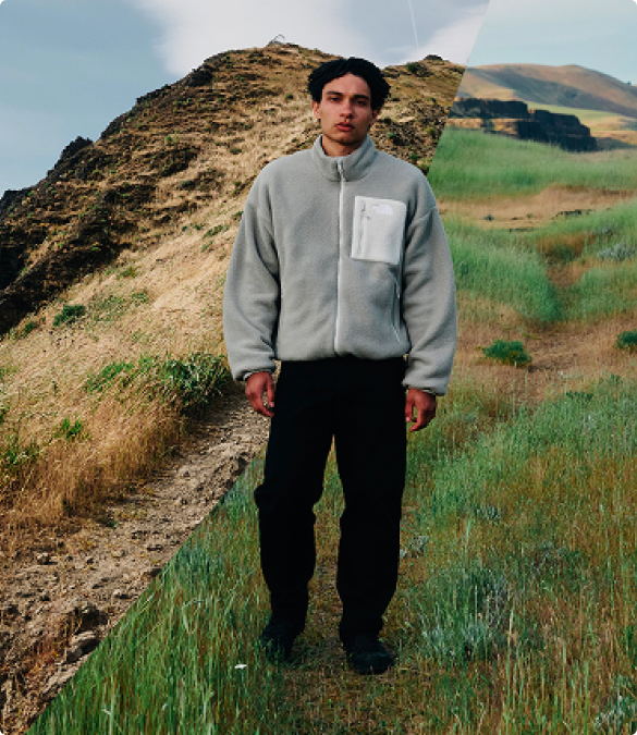A man wearing reversible Yumiori fleece