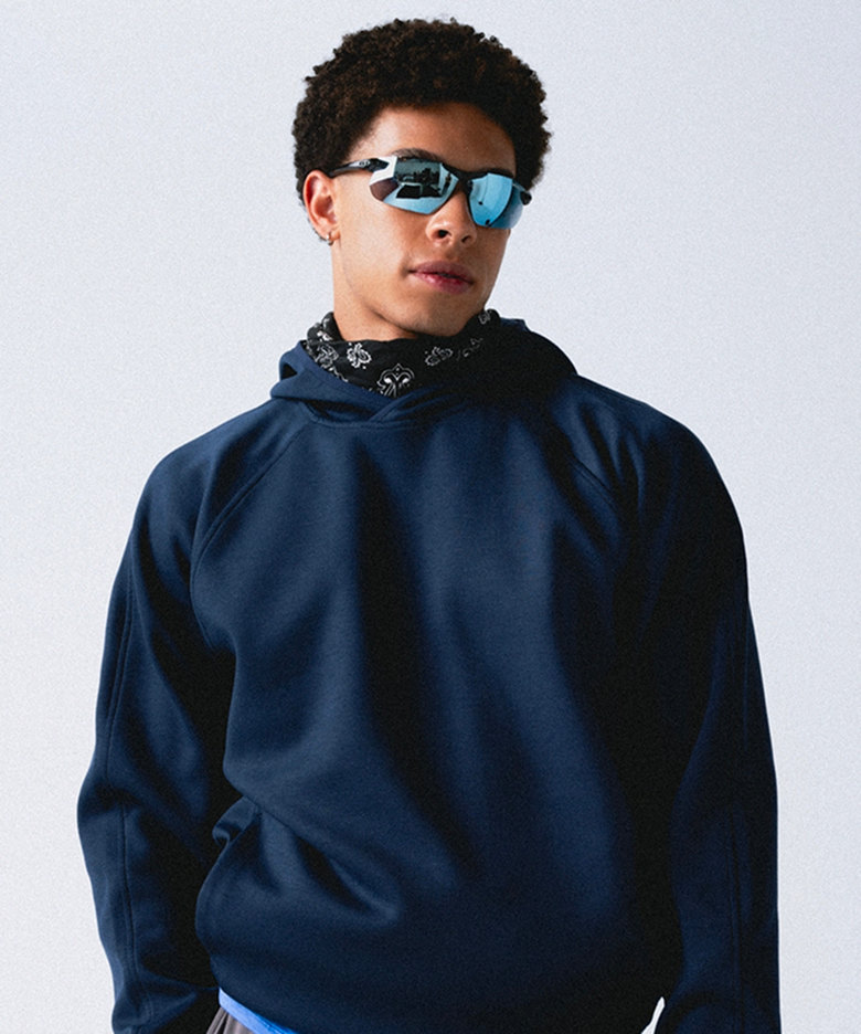 Man in blue hoodie. 