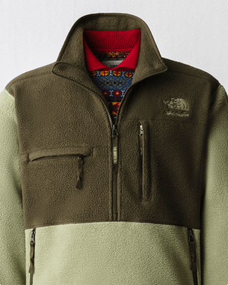 Close-up of a mixed-fabric half-zip mock neck with a jacquard sweater underneath.