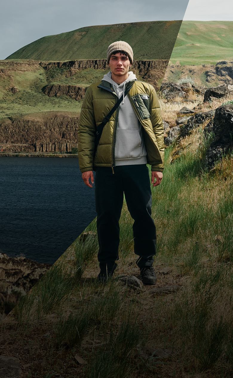 A man walking in a green Nuketo jacket against multiple outdoor backgrounds.