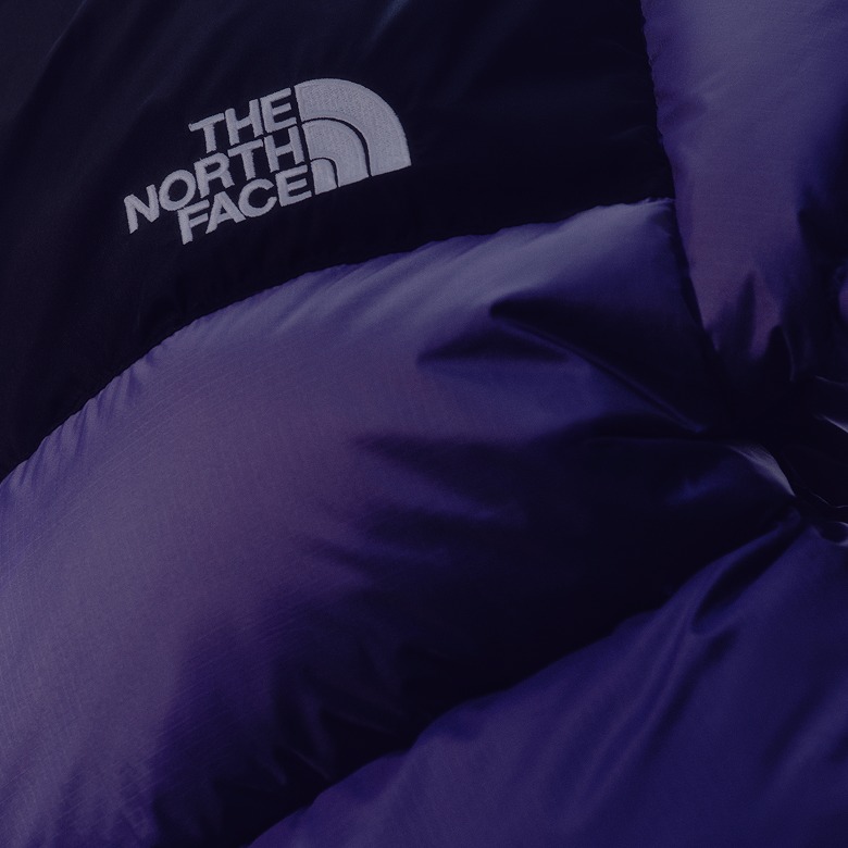 A closeup shot of a Nuptse jacket clearly showing The North Face logo. 