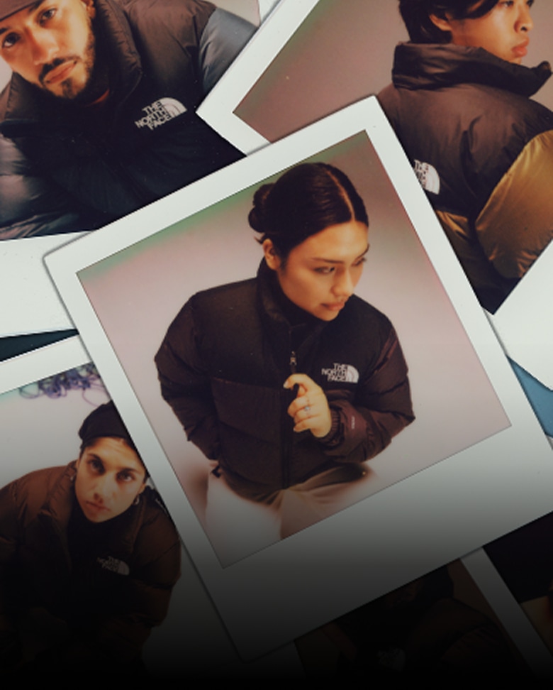 Collage of Polaroid photos of different people wearing the original Nuptse jacket. 