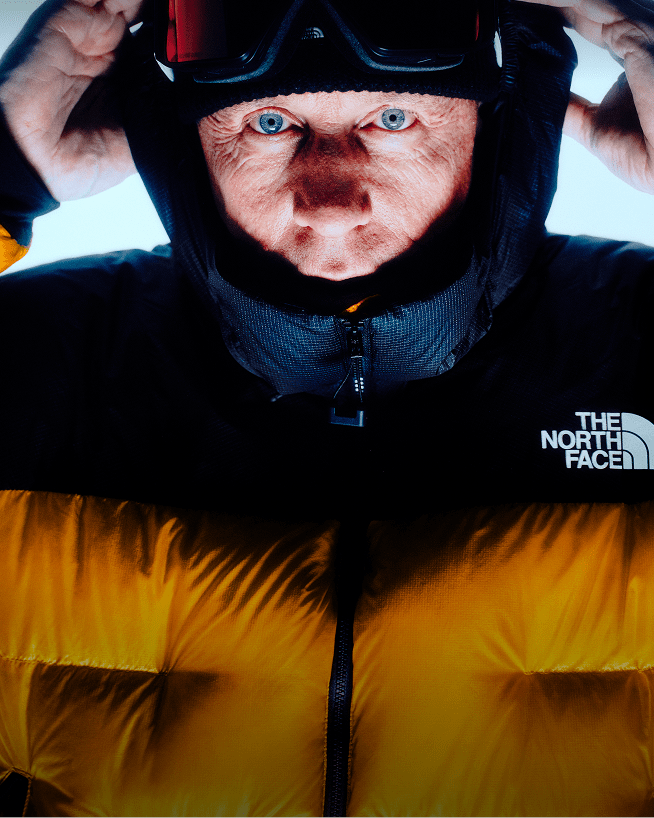 A closeup shot of a Nuptse jacket clearly showing The North Face logo.
