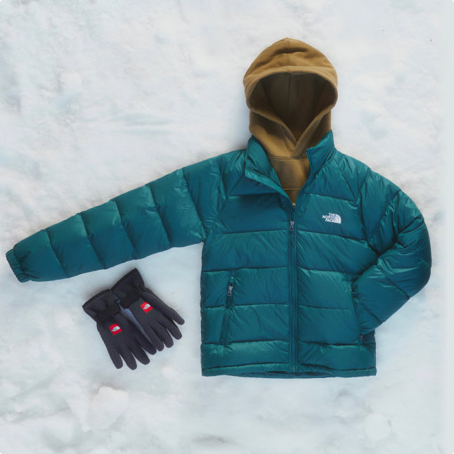 A bundle of men's products including a teal jacket with a brown hoodie underneath, and Red Box gloves