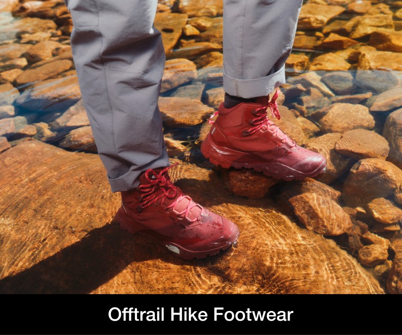 A woman wearing low-rise, maroon hiking shoes with black socks. 