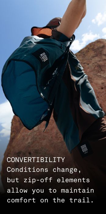 Text: "CONVERTIBILITY | Conditions change, but zip-off elements allow you to maintain comfort on the trail."