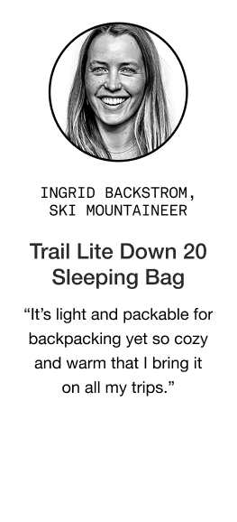 image: Ingrid Backstrom quote about Trail Lite Down 20 Sleeping: "I think it’s the best cragging backpack out there. I just hauled mine all the way up El Cap as our day bag."