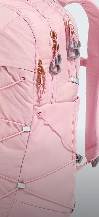 Closeup of metallic accents on a pink backpack.