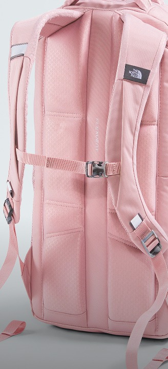 Product shot of a pink backpack showing the suspension system.