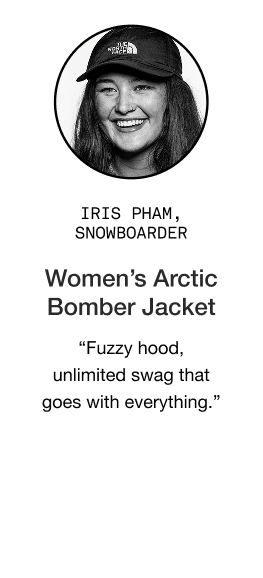 image: Iris Pham quote about Women's Arctic Bomber "Fuzzy hood, unlimited swag that goes with everything."