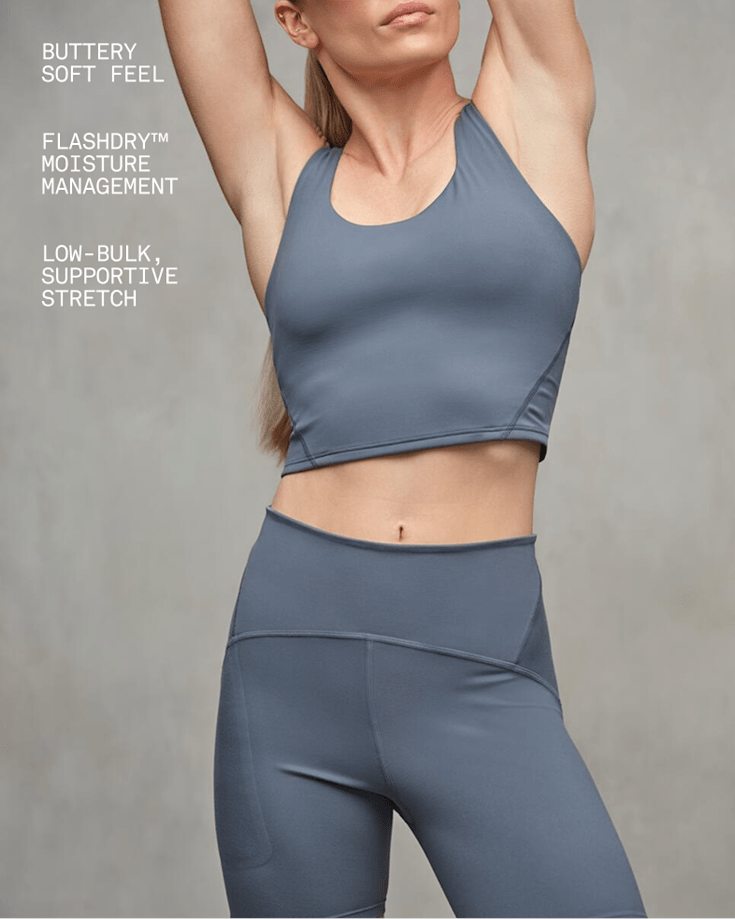 Close up of model wearing Jaida Long Line Bra in color Granite Grey