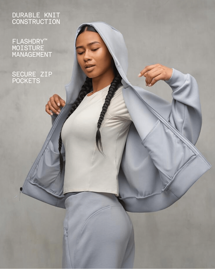 Close up of model wearing Jaida Full Zip Hooded Jacket