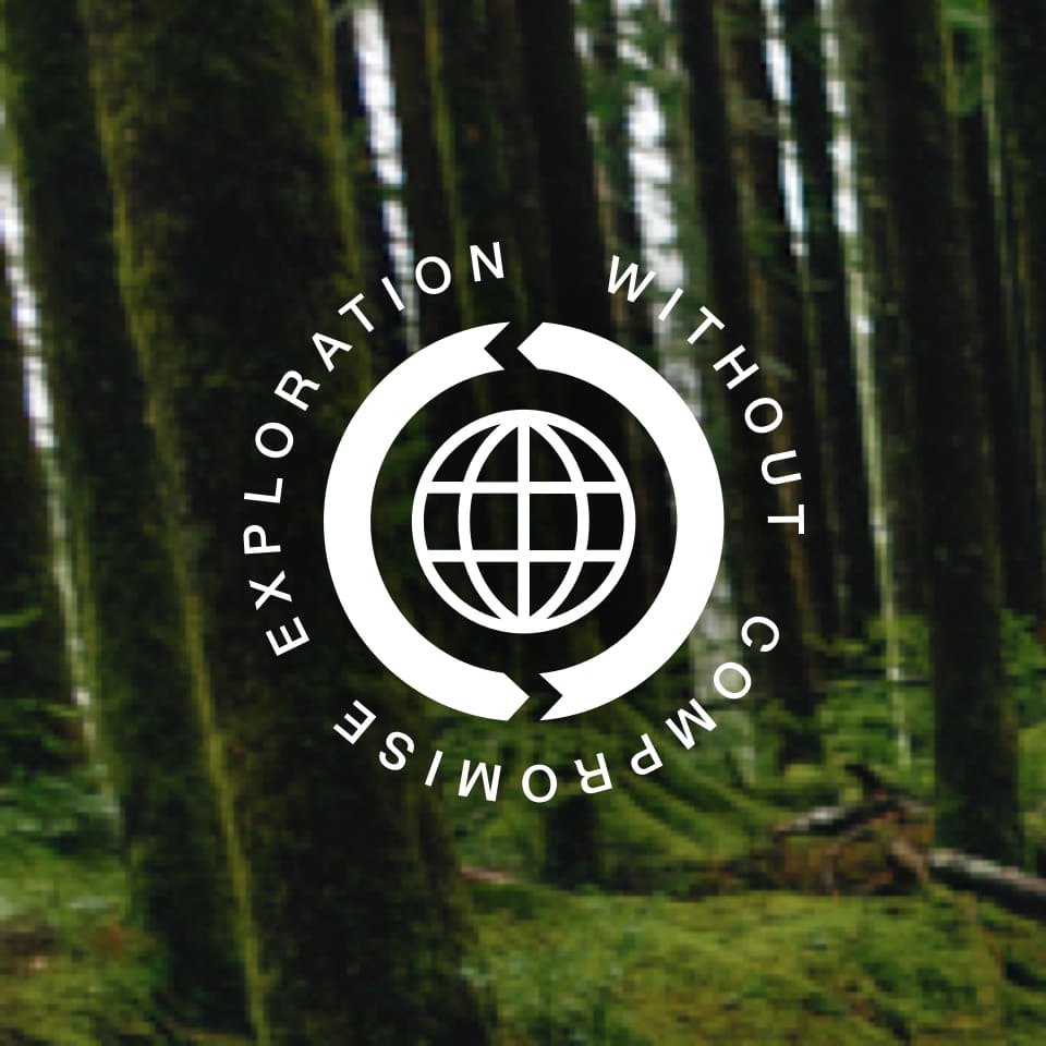a deep forrest background with blurred trees all behind a white logo reading "exploration without compromise"