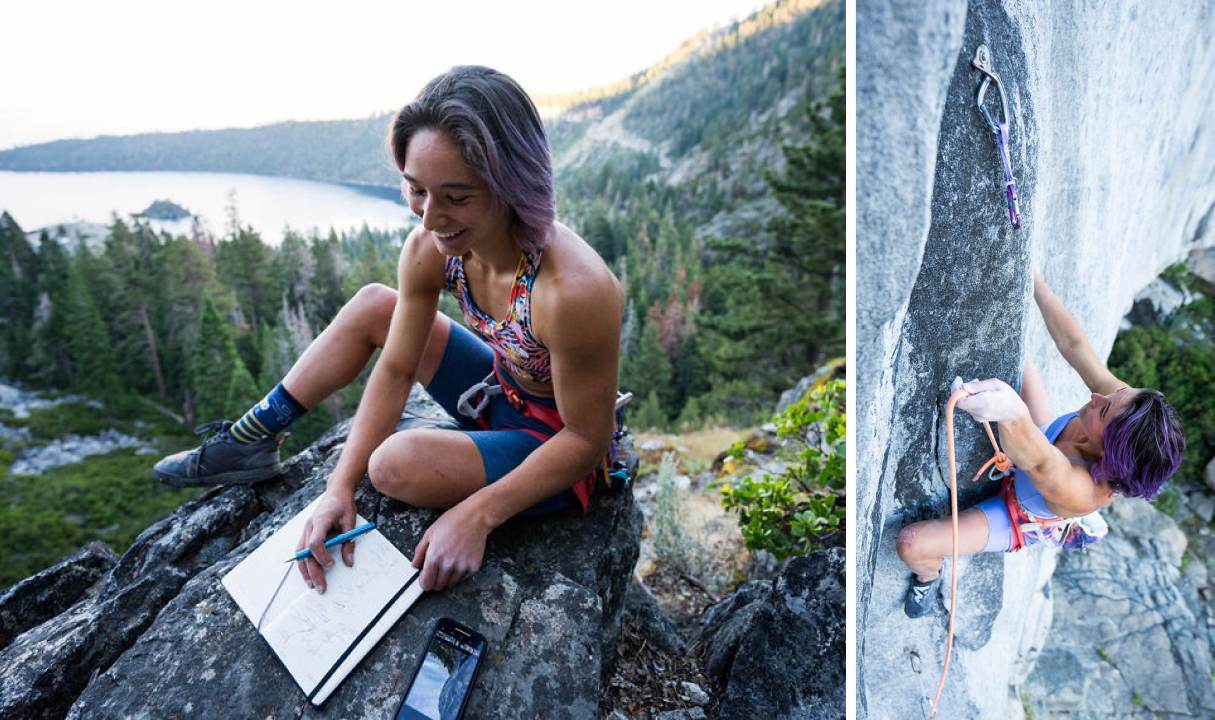 In-situ photos of Athlete Development Program member Maya Madere planning her climbing project and actively climbing.
