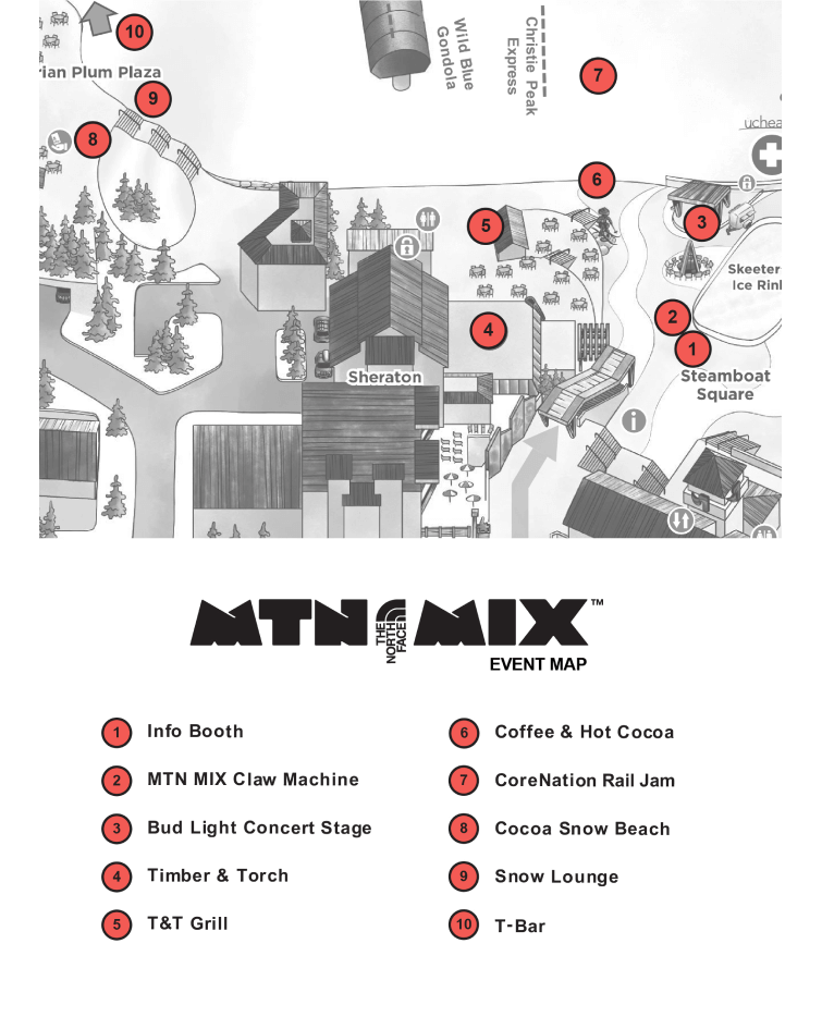A map showing Steamboat Ski Resort with the specific locations for MTN MIX events.