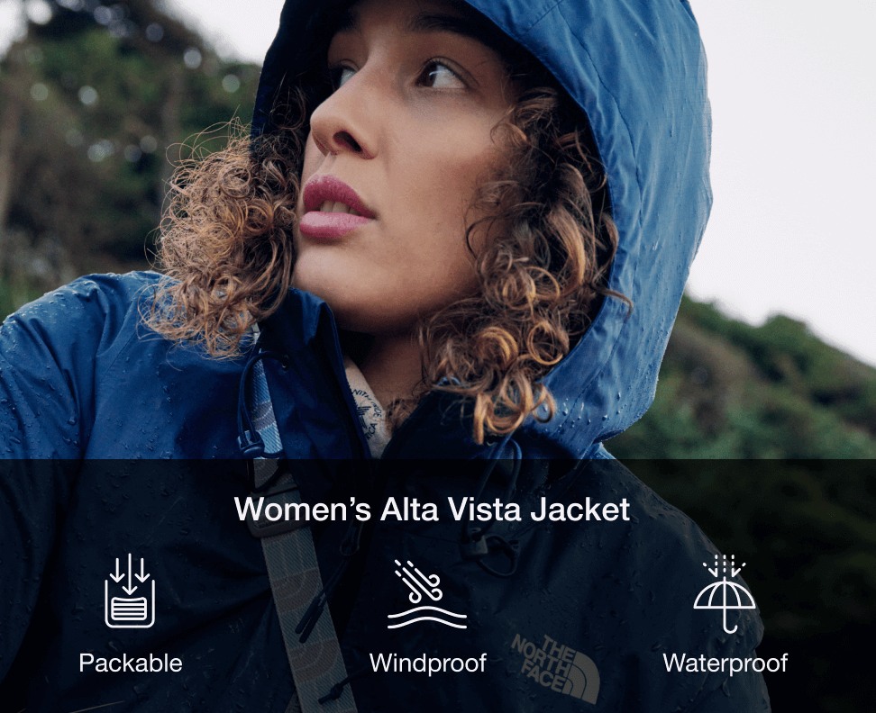 Woman wearing the Alta Vista rain jacket from The North Face.