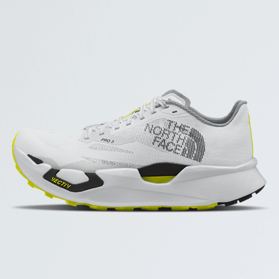 A white trail running shoe by The North Face.