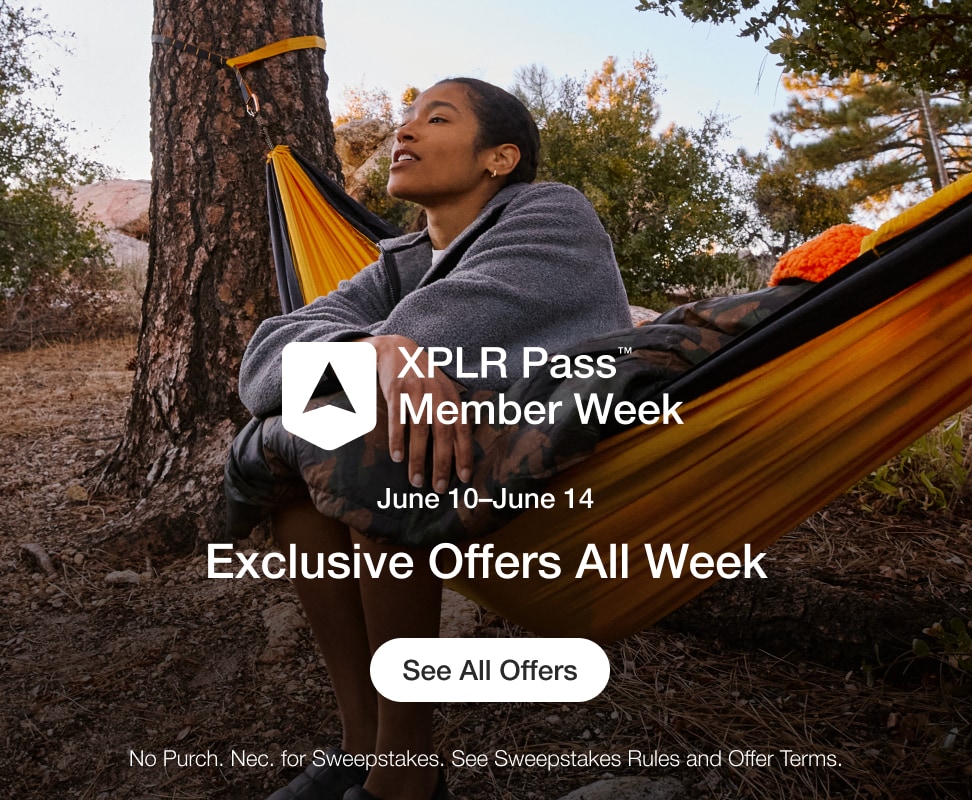 Image of a woman in a hammock with The North Face XPLR Pass lock up overlaid.