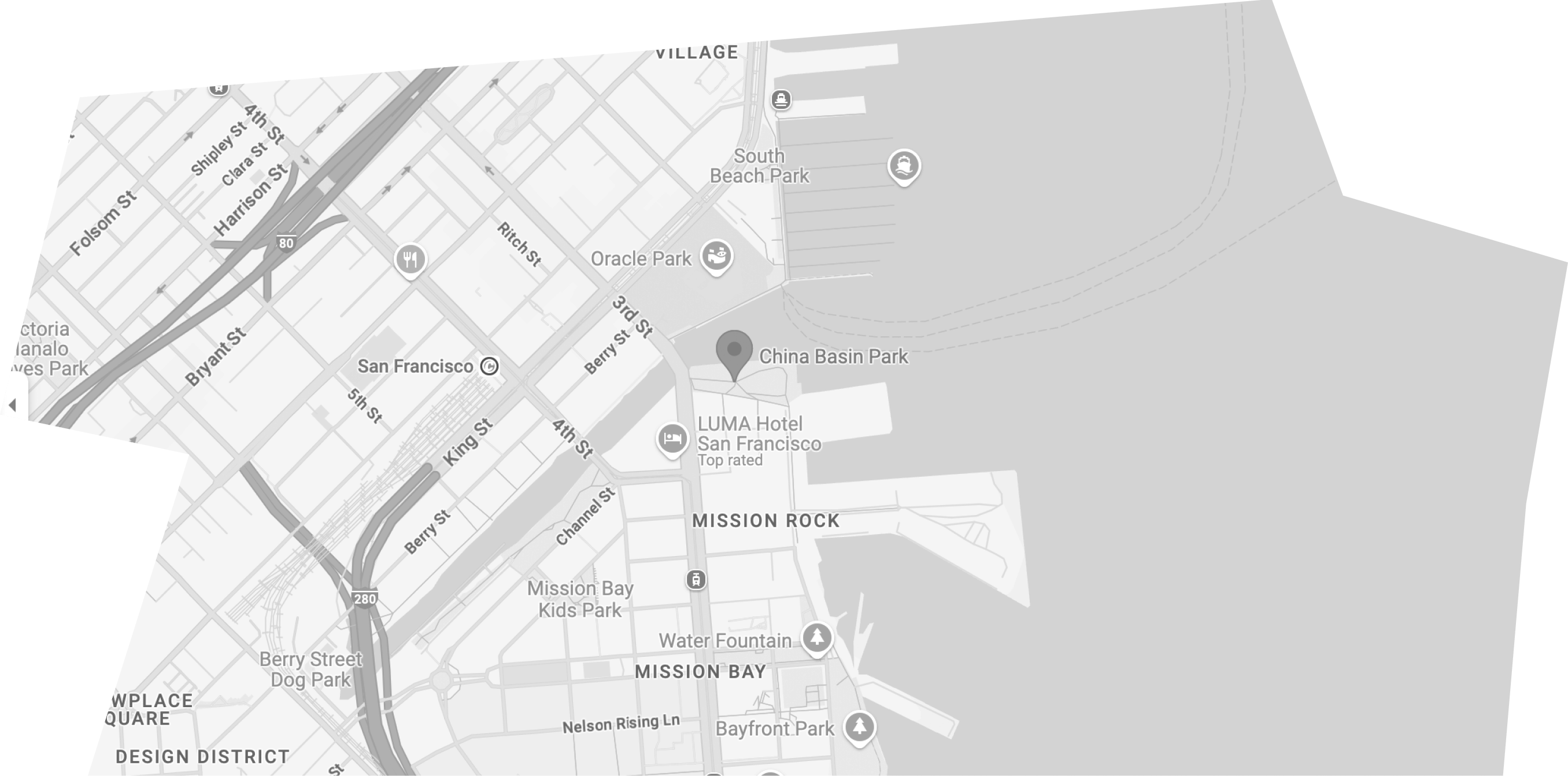Grayscale map of San Francisco highlighting location of China Basin Park