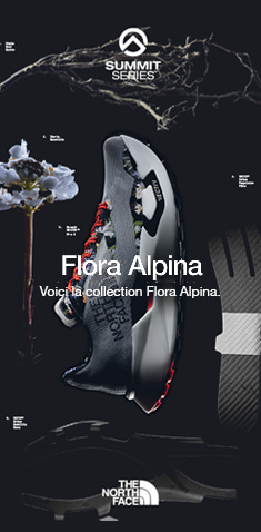 Gros plan sur la chaussure The North Face avec Flora Alpina.