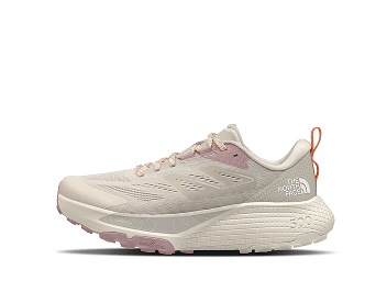 A white running shoe with purplish (pinkish?) accents.  