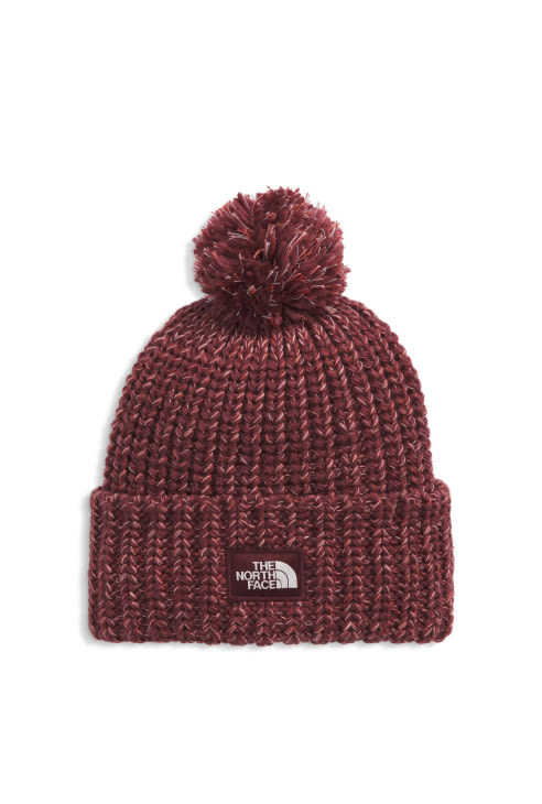 Red beanie with pom pom and TNF logo.
