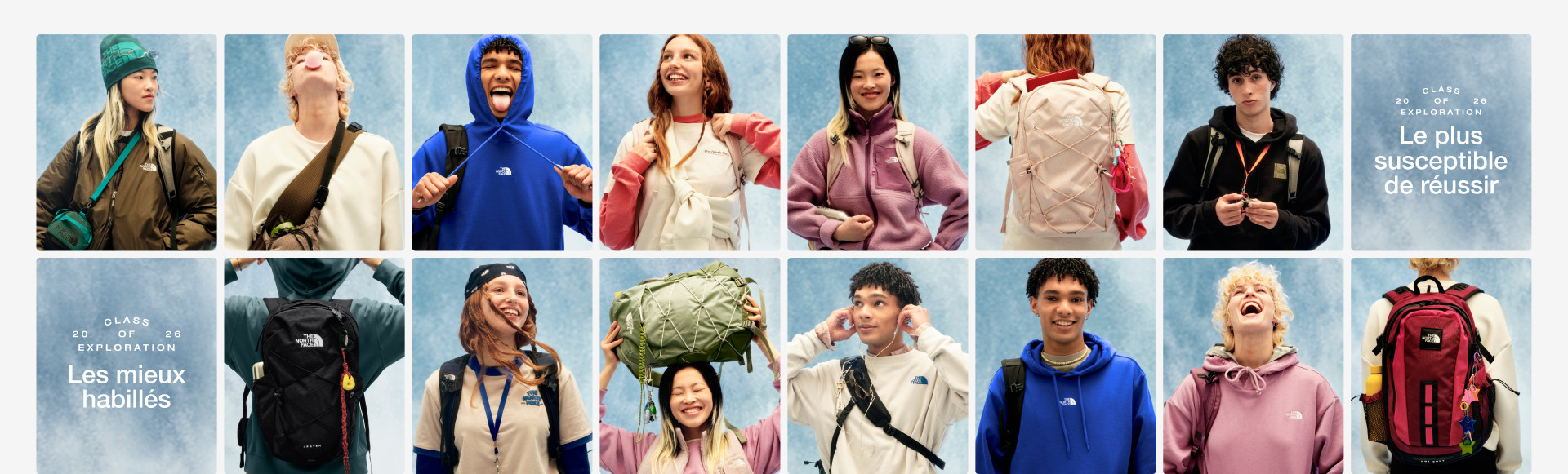 Montage de jeunes portant différents vêtements de plein air et sacs à dos, présenté dans un style album de finissants.