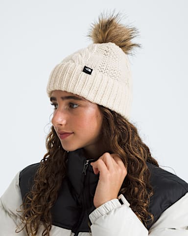 Kids Oh Mega Fur Pom Beanie TNF White Dune MODELBACK