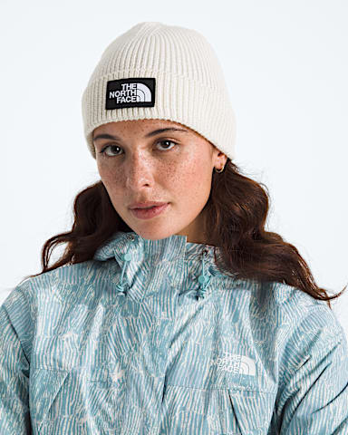 TNF Logo Box Cuffed Beanie TNF White Dune MODELBACK