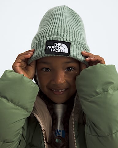 Kids TNF Logo Box Cuffed Beanie TNF Slate Moss MODELBACK