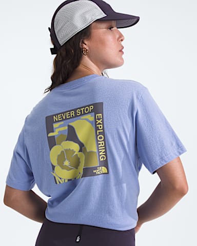 Womens Wildflower Trails Relaxed ShortSleeve Tee TNF Periwinkle Glow HERO2