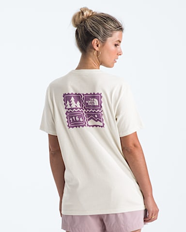Womens Exploring Stamps Relaxed ShortSleeve Tee TNF White Dune HERO