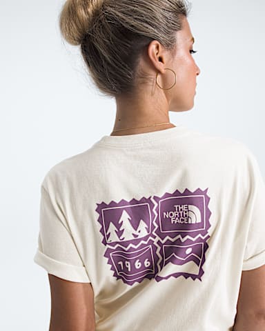 Womens Exploring Stamps Relaxed ShortSleeve Tee TNF White Dune HERO2