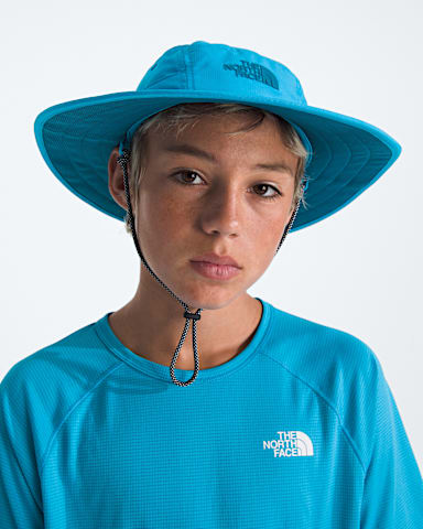 Kids Class V Brimmer Hat TNF Meridian Blue Logo Weather Topo Phantom Print MODELBACK
