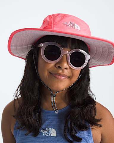 Kids Class V Brimmer Hat TNF Coral Crush Logo Weather Topo Phantom Print MODELBACK
