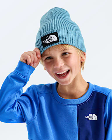 Kids TNF Logo Box Cuffed Beanie TNF Pale Teal MODELBACK