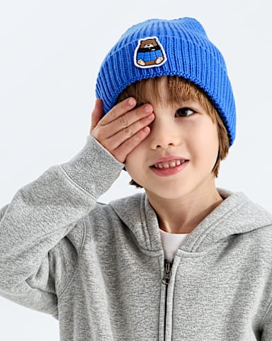 Kids TNF Logo Box Cuffed Beanie TNF Active BlueNuptse Bear Patch MODELBACK