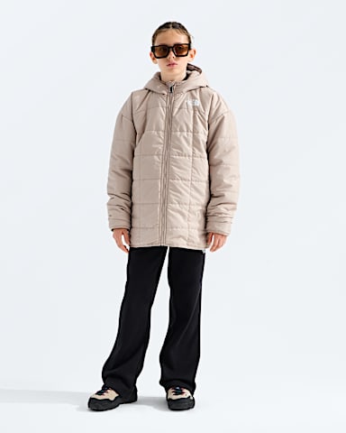 Girls Reversible Shasta Short Parka TNF Timeless Taupe HERO2
