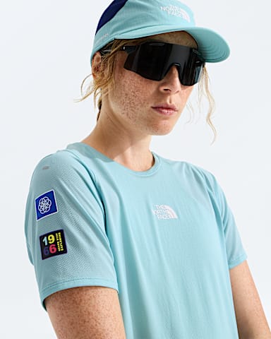 Womens Summit Series High Trail ShortSleeveGraphic TNF Canal Blue HERO3