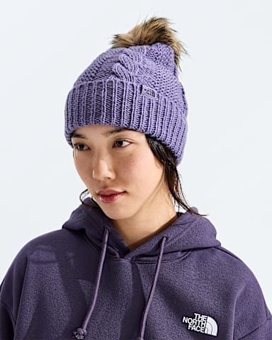 Womens Oh Mega Fur Pom Beanie TNF Grounded Plum MODELBACK