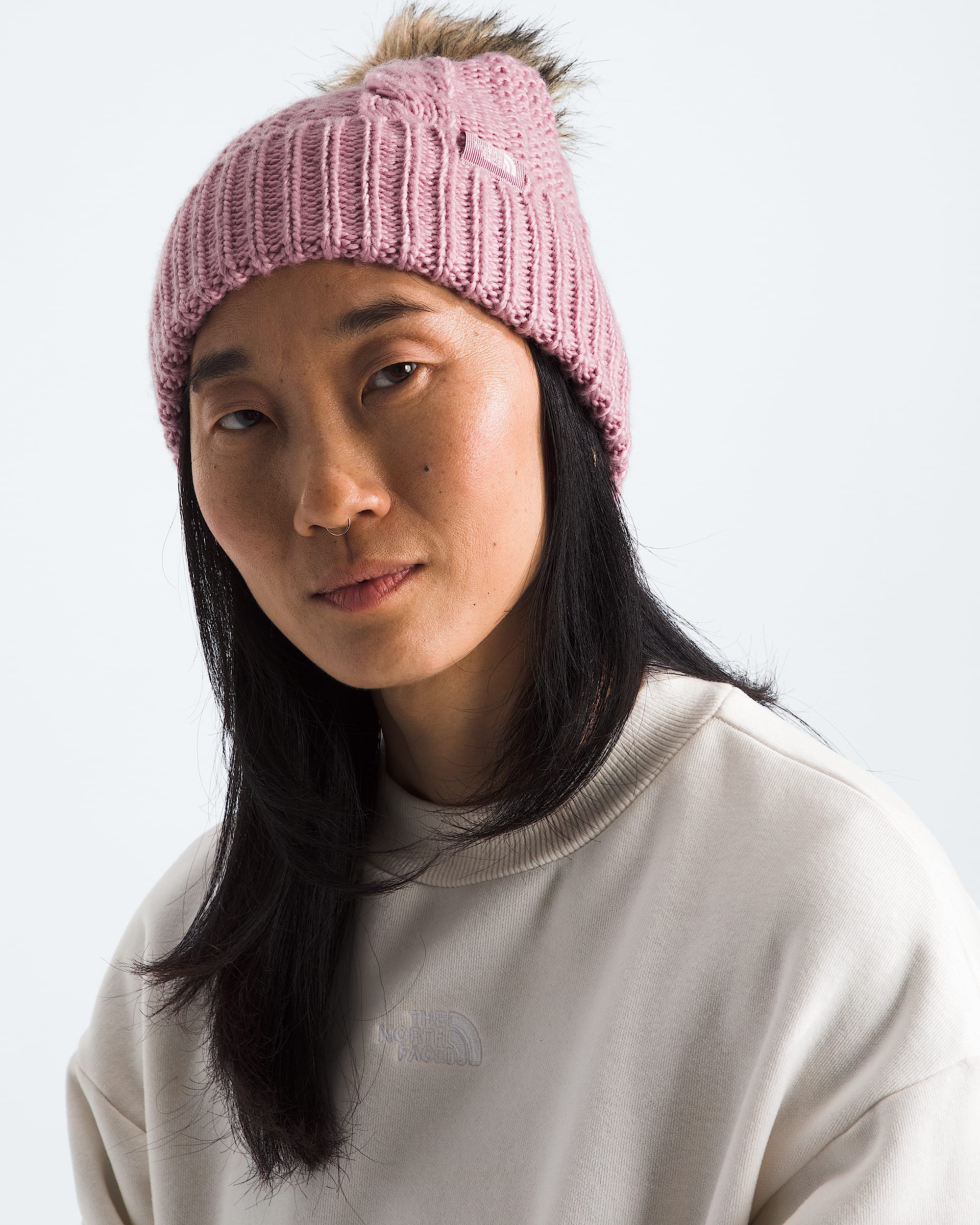 Womens Oh Mega Fur Pom Beanie TNF MODELBACK