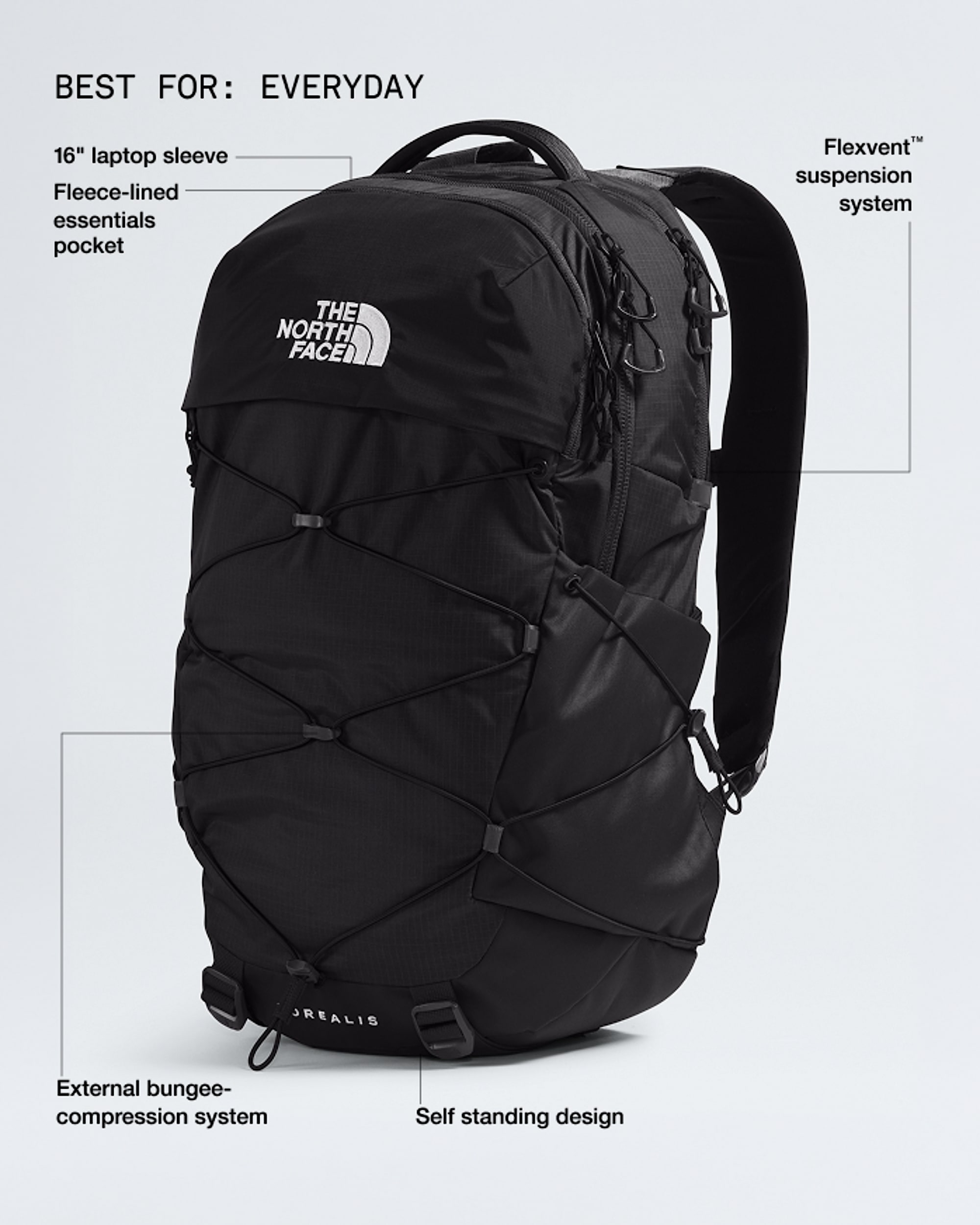 black backpacks north face The Vault Everyday Laptop Backpack Two webbing top handles make it convenient to open and provide a balanced carry so it doesnt swing into your side when youre walking Womens Borealis Luxe Backpack -