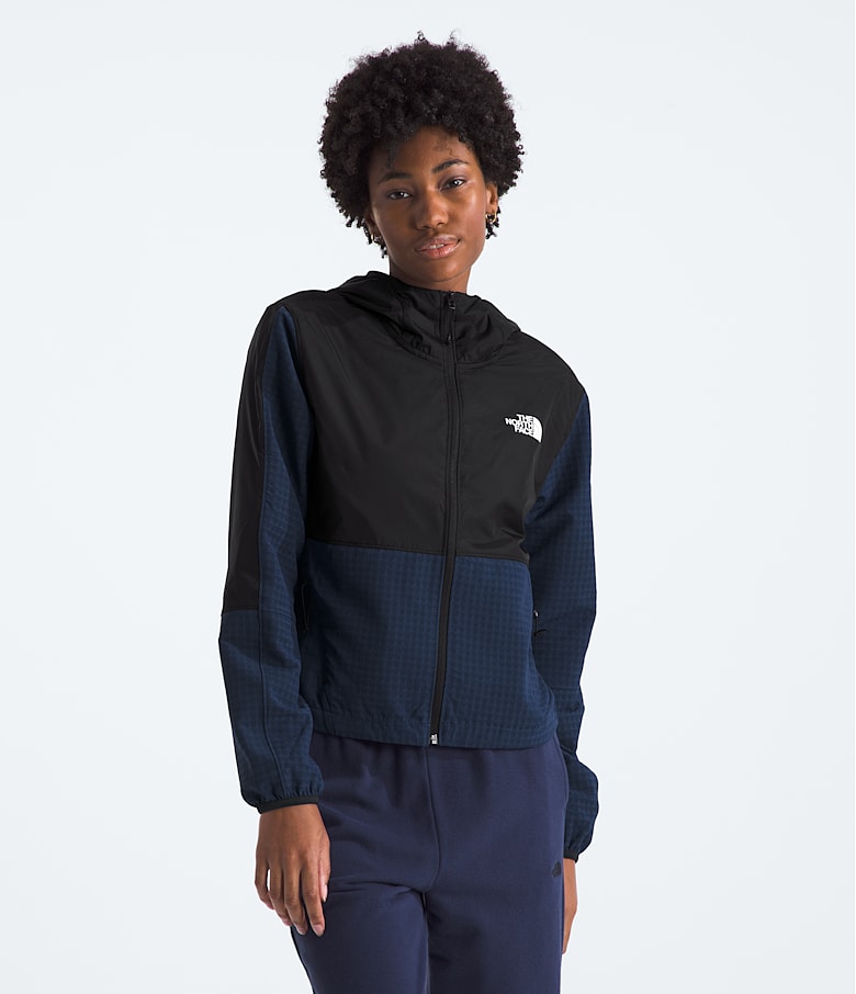 The North Face Women s Tekware Grid Hybrid Full Zip Fleece Water Repellent Jacket Size Medium Summit Navy Black
