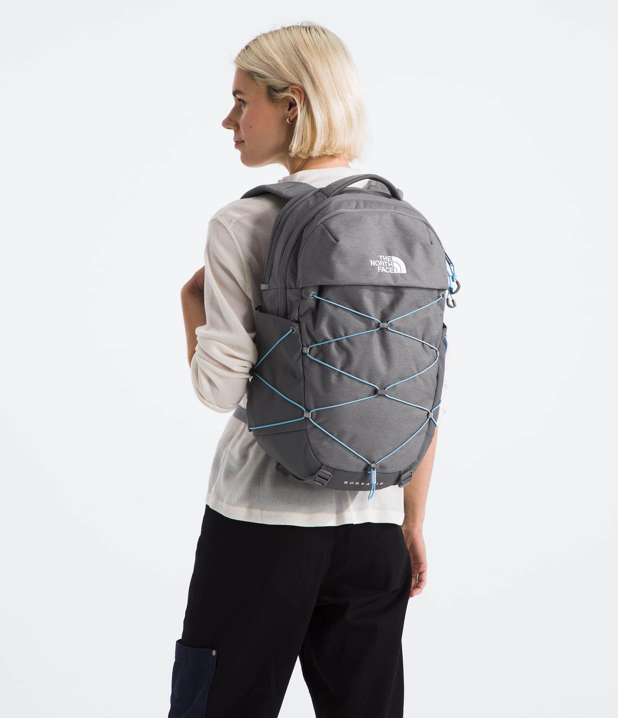 Womens Borealis Backpack TNF Zinc Grey Dark HeatherPowder Blue MODELBACK